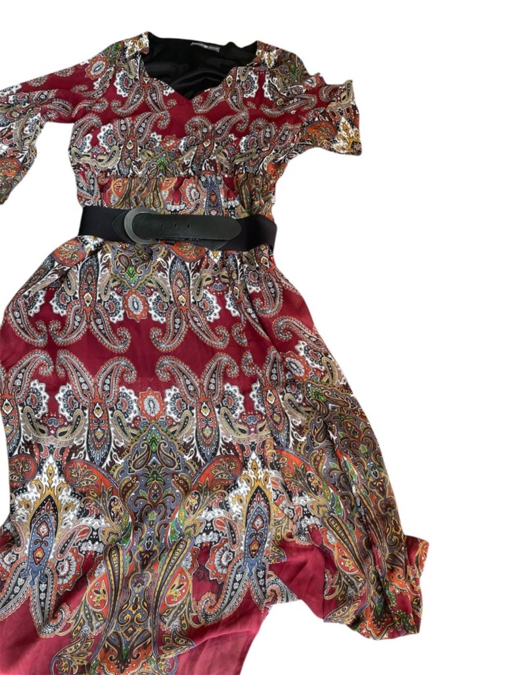 Asymmetrical Burgundy Paisley Belted Dress